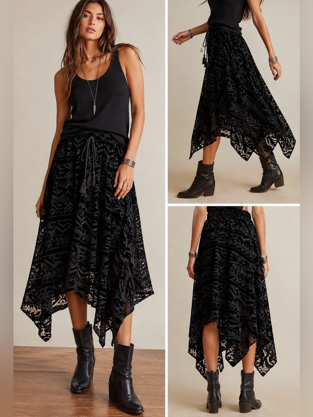 Denim‎ & Supply Ralph Lauren Black Burnout Velvet Handkerchief Skirt M Boho